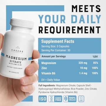 Cheers - Magnesium Citrate, 85% Daily Value, 90 Capsules Pack | 320 mg – Daily Intake 3 Capsules | Gluten-Free | Magnesium Supplements with Zinc & Vitamin B6, Vegan Supplements for Adults