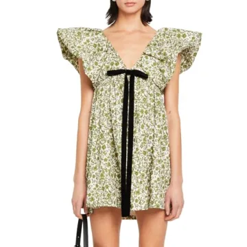 hibshaby Women's Floral Print Mini Dress V Neck Puff Sleeve Dress Short Babydoll Bow Dress M