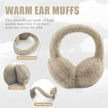 POMIJIAN Winter Ear Muffs for Women Girls Faux Fur Cute White Earmuffs Fluffy Ear Warmers Foldable Ear Covers Outdoor (Brown)
