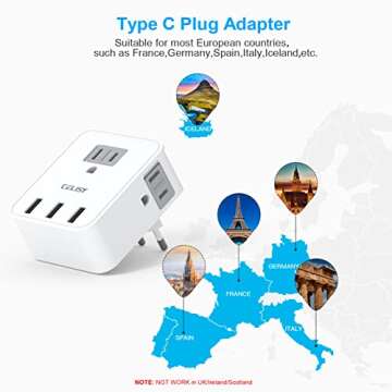 European Travel Plug Adapter, CELISY international Plug Adapter with 3 American Outlets and 3 USB Ports, Type C Travel Essentials for US to Most Europe EU Spain Italy France Germany