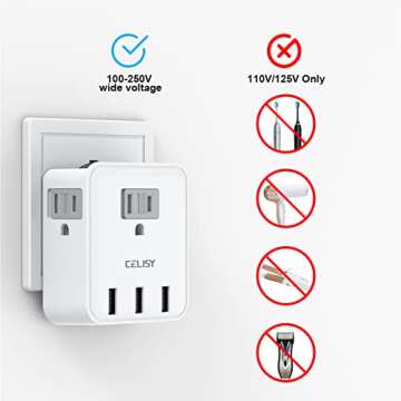 European Travel Plug Adapter, CELISY international Plug Adapter with 3 American Outlets and 3 USB Ports, Type C Travel Essentials for US to Most Europe EU Spain Italy France Germany
