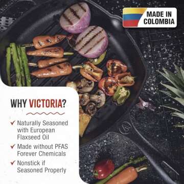 Victoria Cast Iron Square Grill Pan - Seasoned, Versatile, Durable