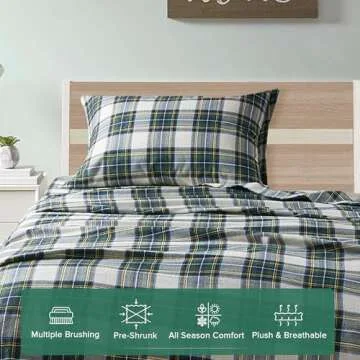 Comfort Spaces Cotton Flannel Breathable Warm Deep Pocket Sheets With Pillow Case Bedding, Twin, Scottish Plaid Green, 3 Piece