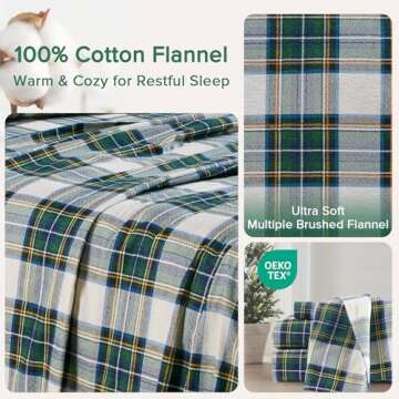 Comfort Spaces Cotton Flannel Breathable Warm Deep Pocket Sheets With Pillow Case Bedding, Twin, Scottish Plaid Green, 3 Piece
