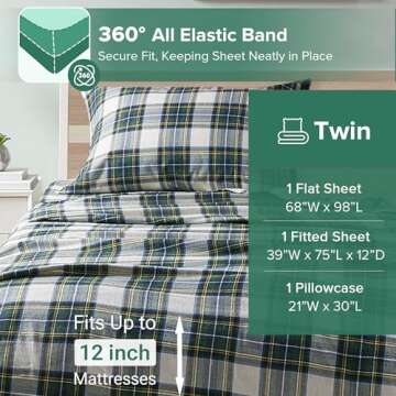 Comfort Spaces Cotton Flannel Breathable Warm Deep Pocket Sheets With Pillow Case Bedding, Twin, Scottish Plaid Green, 3 Piece