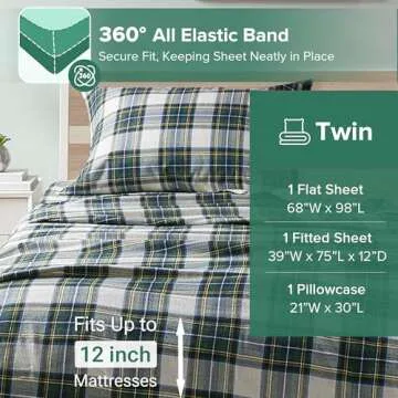 Comfort Spaces Cotton Flannel Breathable Warm Deep Pocket Sheets With Pillow Case Bedding, Twin, Scottish Plaid Green, 3 Piece