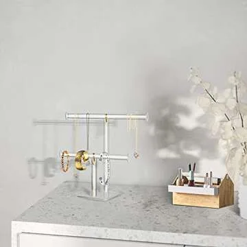 TOOPILAT Acrylic Jewelry Display,Clear Acrylic Round Bracelet Display Holder Organizer Jewelry Holde Organizer Tree Stand, 2 Tier Jewelry Display Necklace Holder Stand (2-Bar)
