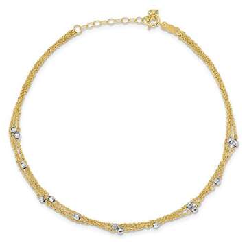 Solid 14k Yellow and White Gold Two Tone Triple Strand Anklet 9"