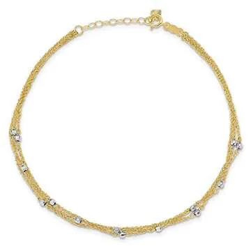 Solid 14k Yellow and White Gold Two Tone Triple Strand Anklet 9"