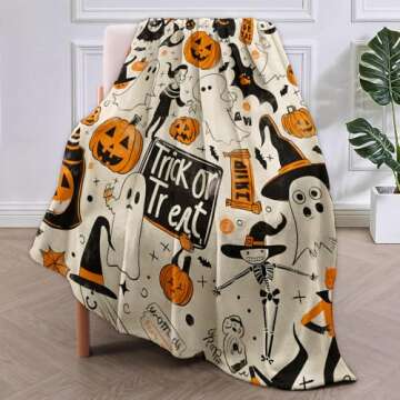 VANZEV Trick or Treat Fleece Blanket Gifts, Playful Halloween Characters Design, Soft Halloween Throw 50x60 inches, Whimsical October Decor - Orange and Black