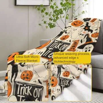 VANZEV Trick or Treat Fleece Blanket Gifts, Playful Halloween Characters Design, Soft Halloween Throw 50x60 inches, Whimsical October Decor - Orange and Black