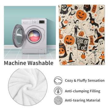 VANZEV Trick or Treat Fleece Blanket Gifts, Playful Halloween Characters Design, Soft Halloween Throw 50x60 inches, Whimsical October Decor - Orange and Black