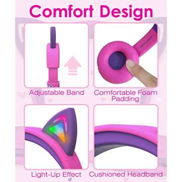 FosPower Kids Headphones with LED Cat Ears (85dB Safe Volume Limit), 3.5mm Soft On-Ear Wired Headpho...