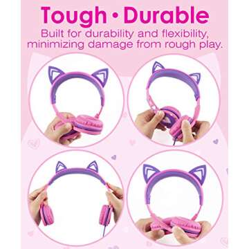 FosPower Kids Headphones with LED Cat Ears (85dB Safe Volume Limit), 3.5mm Soft On-Ear Wired Headphones with Tangle-Free Laced Cables for iPad/Tablet/School/Travel - Hot Pink/Purple