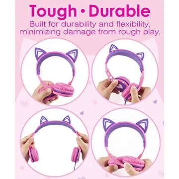FosPower Kids Headphones with LED Cat Ears (85dB Safe Volume Limit), 3.5mm Soft On-Ear Wired Headphones with Tangle-Free Laced Cables for iPad/Tablet/School/Travel - Hot Pink/Purple
