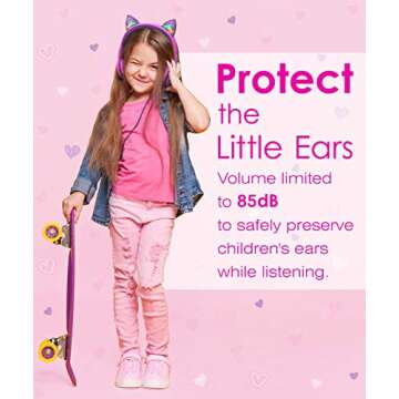 FosPower Kids Headphones with LED Cat Ears (85dB Safe Volume Limit), 3.5mm Soft On-Ear Wired Headphones with Tangle-Free Laced Cables for iPad/Tablet/School/Travel - Hot Pink/Purple