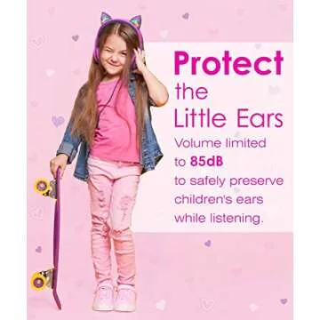 FosPower Kids Headphones with LED Cat Ears (85dB Safe Volume Limit), 3.5mm Soft On-Ear Wired Headphones with Tangle-Free Laced Cables for iPad/Tablet/School/Travel - Hot Pink/Purple