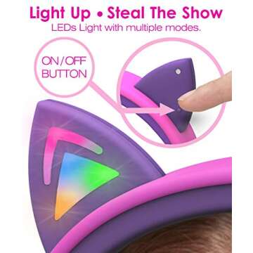 FosPower Kids Headphones with LED Cat Ears (85dB Safe Volume Limit), 3.5mm Soft On-Ear Wired Headphones with Tangle-Free Laced Cables for iPad/Tablet/School/Travel - Hot Pink/Purple