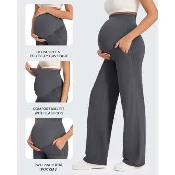 G4Free Pregnancy Pants for Women Maternity Outfits Dress Work Pants Stretchy High Waist Yoga Pants with Pockets Winter Wide Leg Trousers (Dark Gray,L,30")