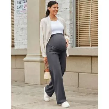 G4Free Pregnancy Pants for Women Maternity Outfits Dress Work Pants Stretchy High Waist Yoga Pants with Pockets Winter Wide Leg Trousers (Dark Gray,L,30")