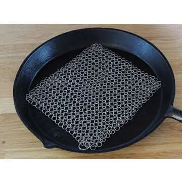 Cast Iron Cleaner and Scrubber by Küche Chef. XL 8x8 Inch Premium 316 Stainless Steel Chainmail Scrubber
