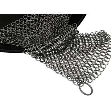 Cast Iron Cleaner and Scrubber by Küche Chef. XL 8x8 Inch Premium 316 Stainless Steel Chainmail Scrubber