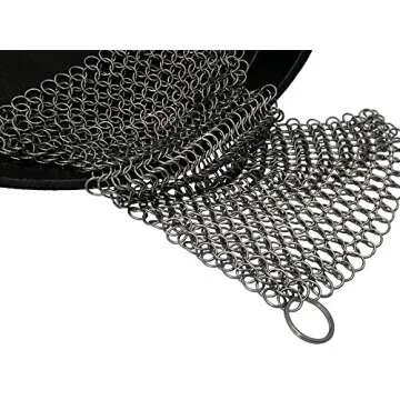 Cast Iron Cleaner and Scrubber by Küche Chef. XL 8x8 Inch Premium 316 Stainless Steel Chainmail Scrubber
