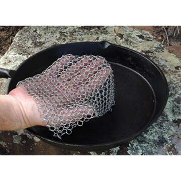 Cast Iron Cleaner and Scrubber by Küche Chef. XL 8x8 Inch Premium 316 Stainless Steel Chainmail Scrubber