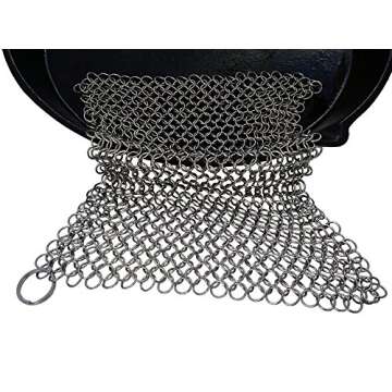 Cast Iron Cleaner and Scrubber by Küche Chef. XL 8x8 Inch Premium 316 Stainless Steel Chainmail Scrubber