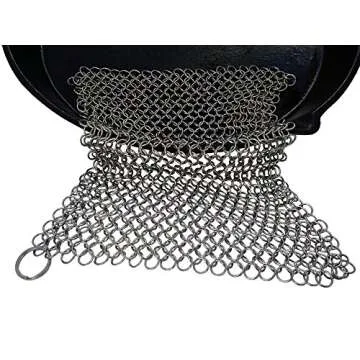 Cast Iron Cleaner and Scrubber by Küche Chef. XL 8x8 Inch Premium 316 Stainless Steel Chainmail Scrubber
