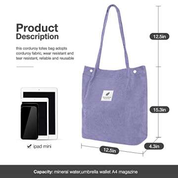 LHMTQVK Corduroy Tote Bags for Women, Large Capacity Women's Shoulder Purses for Office School Shopp...