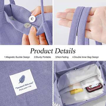 LHMTQVK Corduroy Tote Bags for Women, Large Capacity Women's Shoulder Purses for Office School Shopping Travel (Purple)