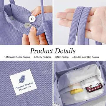 LHMTQVK Corduroy Tote Bags for Women, Large Capacity Women's Shoulder Purses for Office School Shopping Travel (Purple)