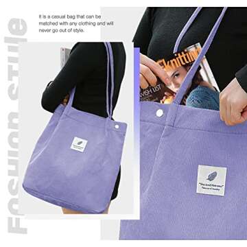 LHMTQVK Corduroy Tote Bags for Women, Large Capacity Women's Shoulder Purses for Office School Shopping Travel (Purple)