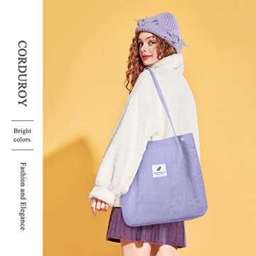LHMTQVK Corduroy Tote Bags for Women, Large Capacity Women's Shoulder Purses for Office School Shopping Travel (Purple)