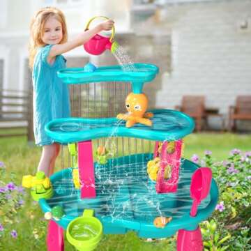 VATOS 3 Tier Sand Water Table for Girls, Kids Splash Sand Table Water Toys for Aged 3 4 5 6 7 8 9, S...