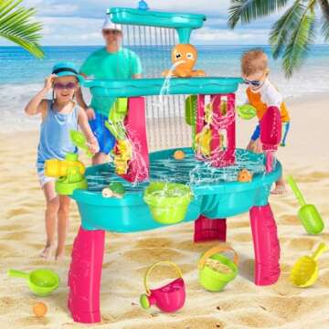 VATOS 3 Tier Sand Water Table for Girls, Kids Splash Sand Table Water Toys for Aged 3 4 5 6 7 8 9, Summer Water Activity Table Beach Backyard Garden Outdoor Toy for Toddler Kids