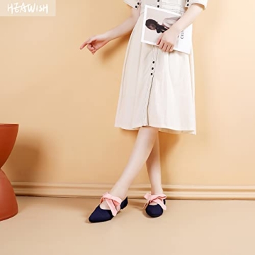 HEAWISH Women’s Pointed Toe Ballet Flat Fringe Bow Strap Comfortable Flats Shoes Casual Dress Shoes(Navy/Bow, US10)
