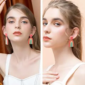 Boho Polymer Clay Rainbow Earrings for Women Dangling, Cute Multicolor Handmade Vintage Bohemian Tassel U Shape Oval and Round Shape Ceramic Clay Drop Earrings Pendant Bulk Jewelry