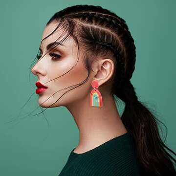 Boho Polymer Clay Rainbow Earrings for Women Dangling, Cute Multicolor Handmade Vintage Bohemian Tassel U Shape Oval and Round Shape Ceramic Clay Drop Earrings Pendant Bulk Jewelry