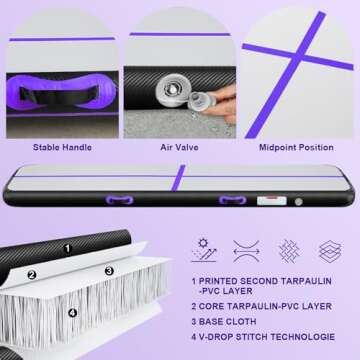 Inflatable Gymnastics Mat 10ft/13ft/16ft/20ft/ Air Tumbling Track Mats 4/8 inches Thick for Home Use/Training/Cheerleading/Yoga/Water with Pump 10ft x 3.3ft x 4inch Purple Black