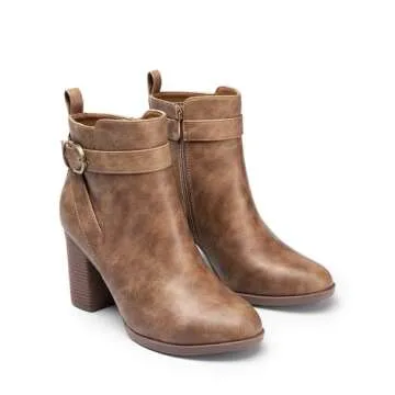 DREAM PAIRS Women's Chunky High Heel Ankle Boots Round Toe Fall Short Booties Shoes,Size 7.5,Tan-Pu,SDAB2431W