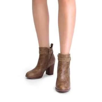 DREAM PAIRS Women's Chunky High Heel Ankle Boots Round Toe Fall Short Booties Shoes,Size 7.5,Tan-Pu,SDAB2431W