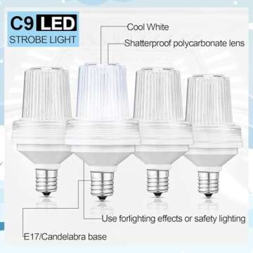 Rossesay 4 Pcs 120v Strobe C9 Christmas Lights Bulbs Outdoor Waterproof C9 LED Replacement Bulbs E17 Base 6000k Bright Flashing Strobe Light for Indoor Outdoor Yard Xmas Tree Decor(White)