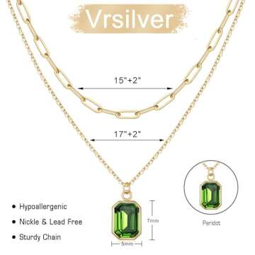 Vrsilver Peridot Necklaces for Women, August Birthstone Necklace for Women Peridot Jewelry August Birthstone Necklace for Girls Birthday Gifts for Girls Green Necklace Gold Layered Necklaces for Women