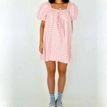 Women Y2K Plaid Babydoll Mini Dress Loose Tie-up Square Neck Puff Sleeve Short Party Dress Summer Gingham Dress (Pink, S)