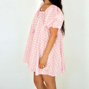 Women Y2K Plaid Babydoll Mini Dress Loose Tie-up Square Neck Puff Sleeve Short Party Dress Summer Gingham Dress (Pink, S)