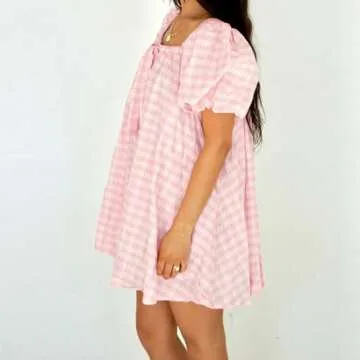 Women Y2K Plaid Babydoll Mini Dress Loose Tie-up Square Neck Puff Sleeve Short Party Dress Summer Gingham Dress (Pink, S)