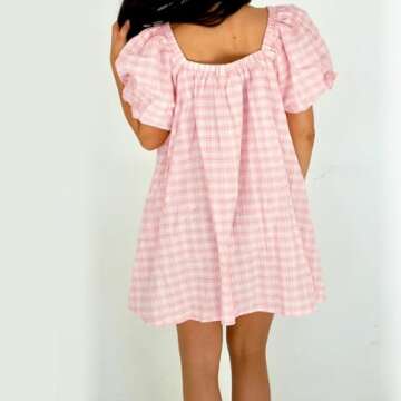 Women Y2K Plaid Babydoll Mini Dress Loose Tie-up Square Neck Puff Sleeve Short Party Dress Summer Gingham Dress (Pink, S)