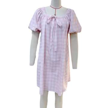 Women Y2K Plaid Babydoll Mini Dress Loose Tie-up Square Neck Puff Sleeve Short Party Dress Summer Gingham Dress (Pink, S)